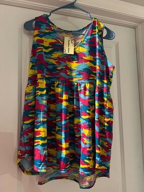Woman’s Sleeveless Camouflage Tank Top in Teal, Pink & Yellow